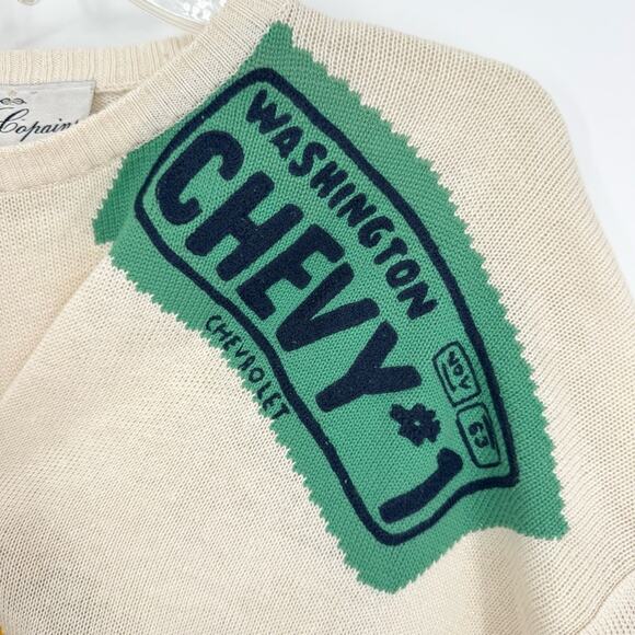 Les Copains Vintage Chevy Liscence Plate Knit Crew Neck Sweater Cream Size 50 - Picture 6 of 11